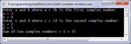 output of c program to add two complex numbers