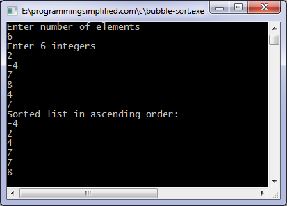 Bubble sort C program output