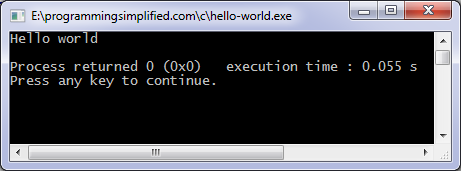 Hello world C program output