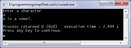 C program to check vowel output