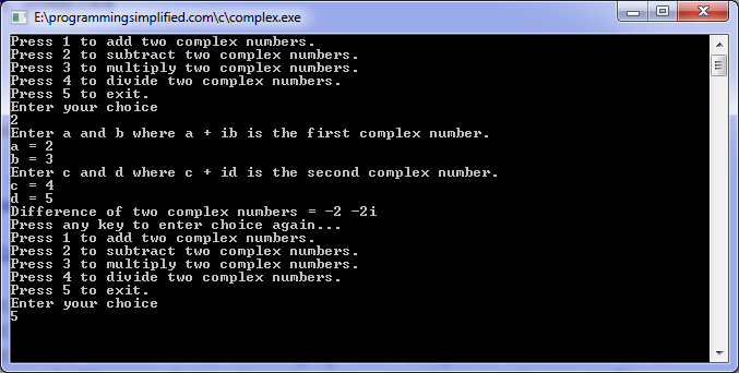 Complex arithmetic operations C program