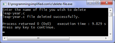 output of c program to delete file