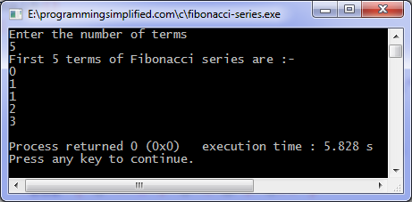 Fibonacci series C program output