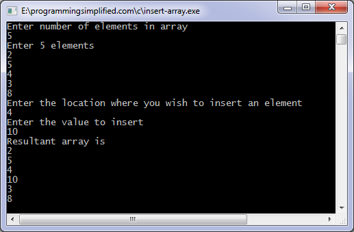  C program output to insert an element in an array