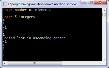 Insertion sort C program output