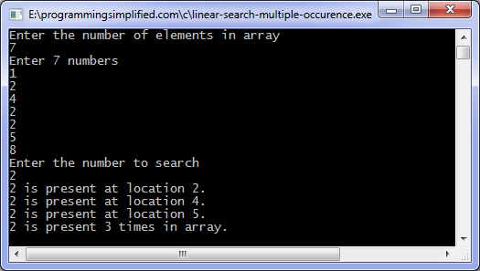Linear Search program output for multiple occurrence