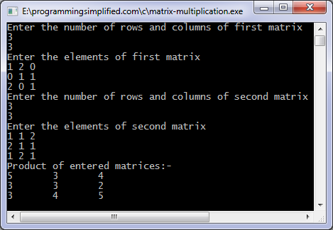 Matrix multiplication C program output