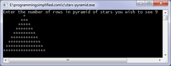 Stars pyramid C program output