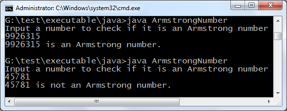Armstrong number Java program output