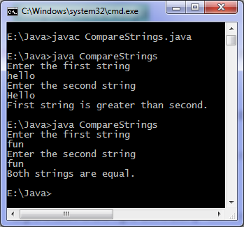 Java program to compare two strings output