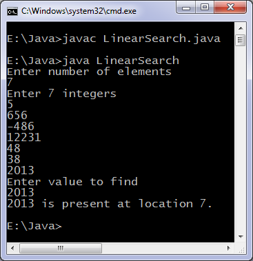 Linear Search Java program output