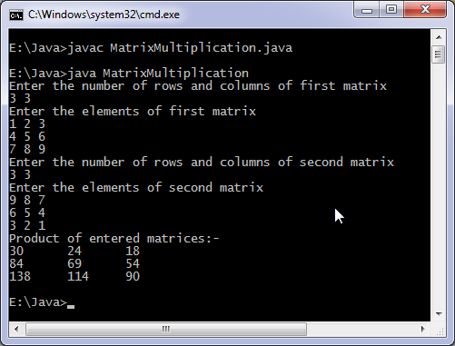 Java matrix multiplication program.