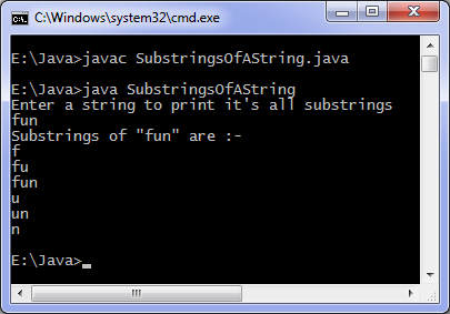 Output of Java program fo find all substrings of a string