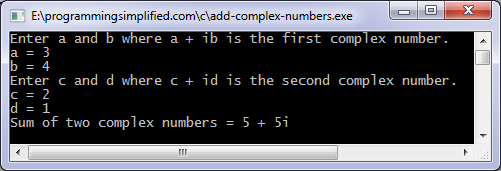 Output of C program to add two complex numbers