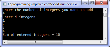Add n numbers C program output