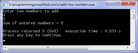 Addition C program output.