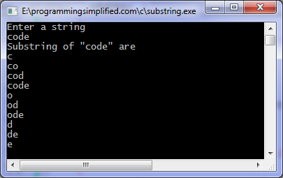 All Substrings of a string C program output