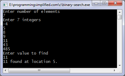 Binary search C program output