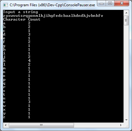 C characters frequency program output in table