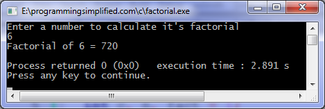 C factorial program output