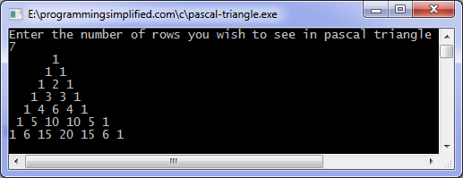 Pascal triangle C program output
