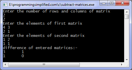 Subtract matrices c program