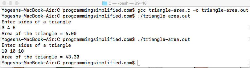 Area of a triangle C program