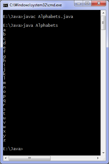 Java program to print alphabets output