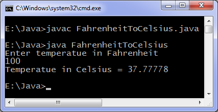 Fahrenheit to Celsius Java program output
