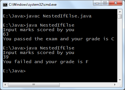 Java nested if else program output