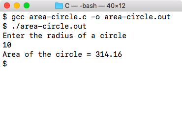 Area of circle C program output