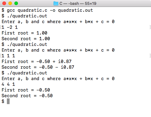 Quadratic equation program output