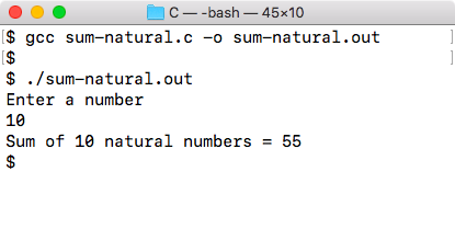 Sum of n natural numbers program output.
